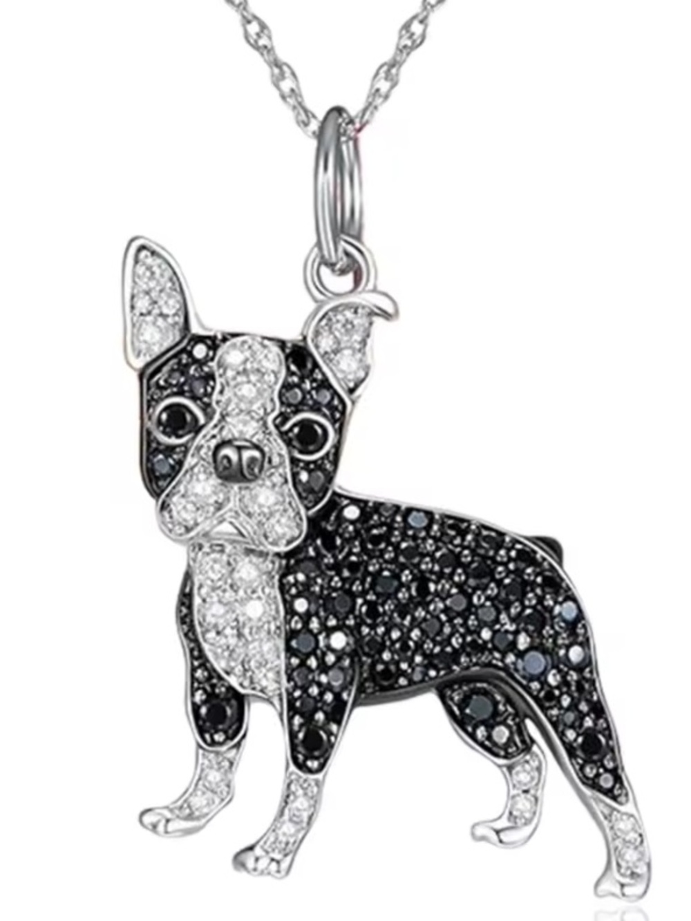 NWT Black/Silver Boston Terrier Dog Sparkling Cubic Zirconia Pendant Necklace
